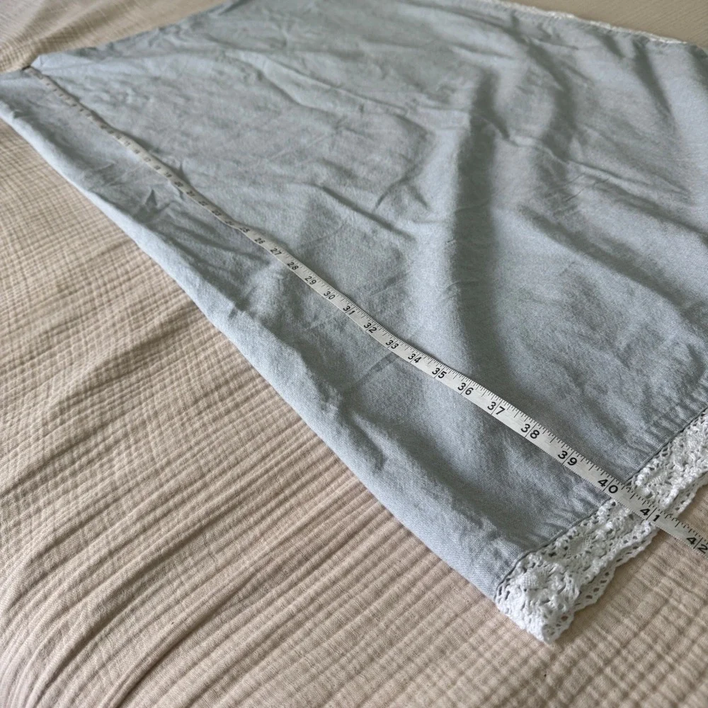 VTG Shabby Chic Table Cloth Twin Sheet Blue Cotton Crochet Lace Trim 52x80